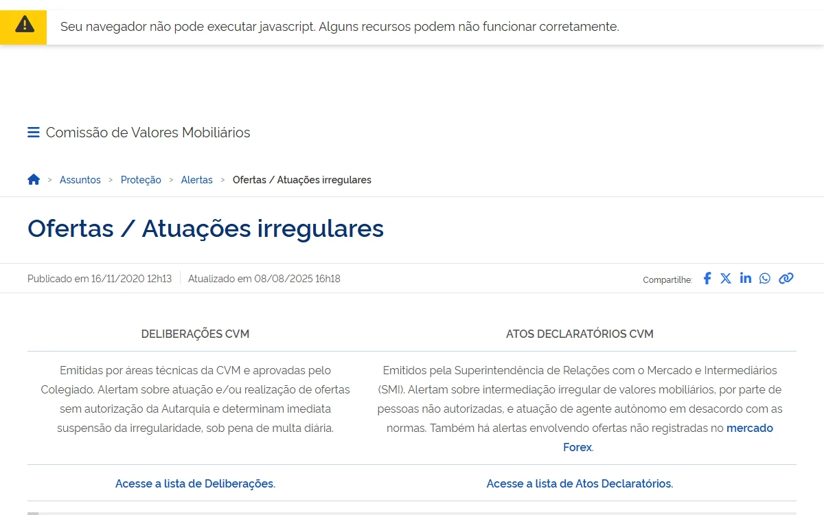 Página da CVM sobre ofertas e atuações irregulares, com as listas de Deliberações e de Atos Declaratórios