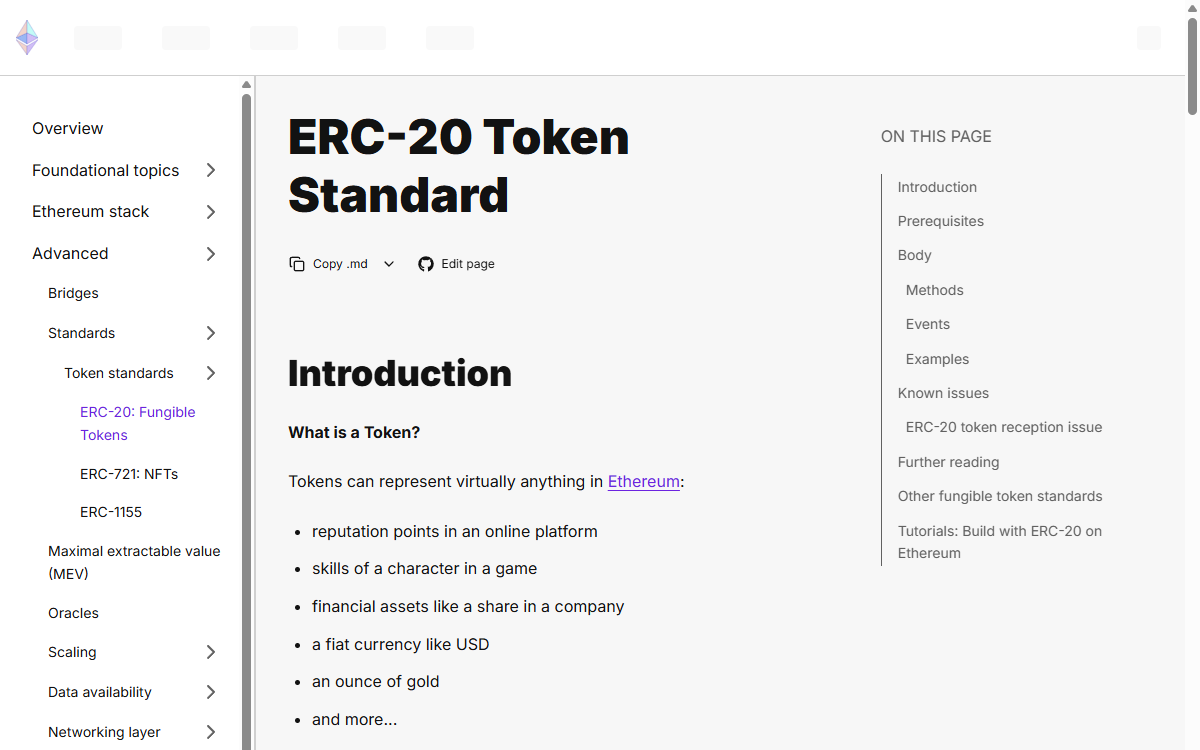 以太坊开发者文档里的 ERC-20 代币标准页面
