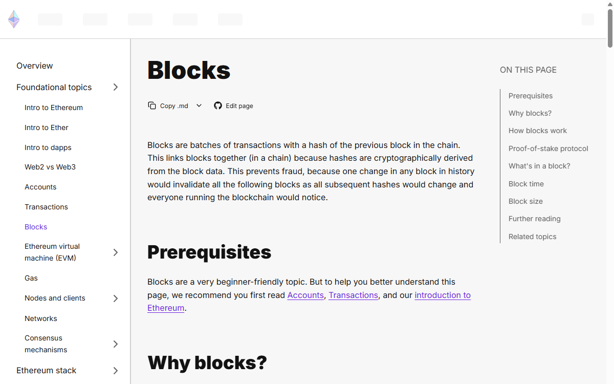Página da documentação da Ethereum sobre blocos e confirmação
