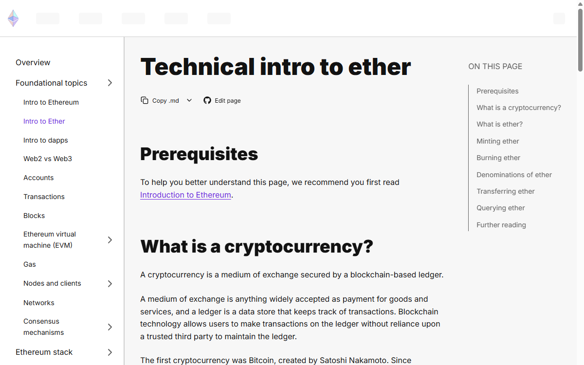 Halaman dokumentasi Ethereum yang menjelaskan ETH sebagai mata uang asli jaringan