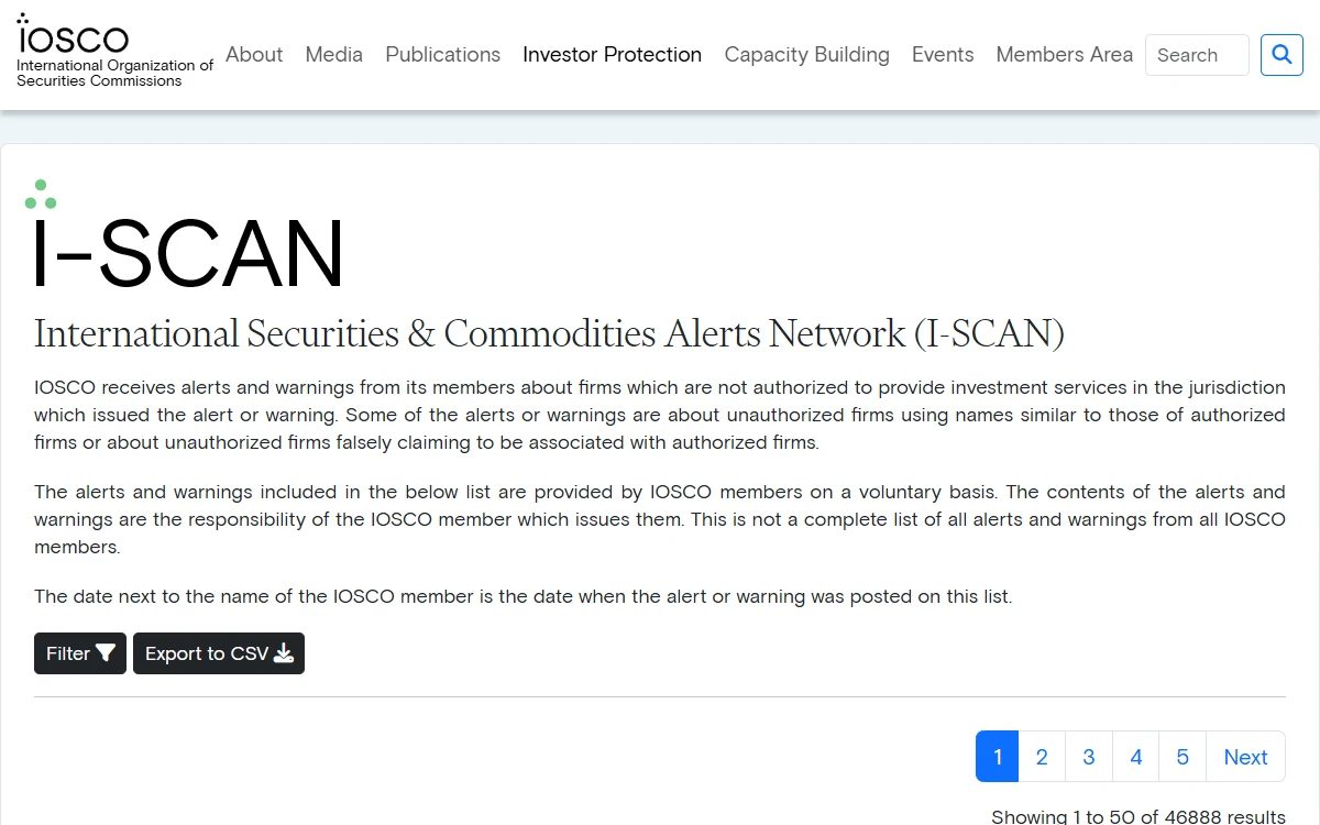 IOSCO 的 I-SCAN 国际警示网络页面,列出各国监管机构对无牌机构发出的警示